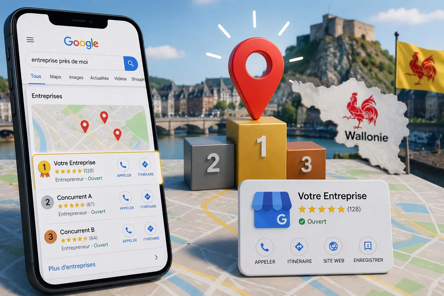 Une fiche Google Business Profile en tête des résultats locaux sur un téléphone