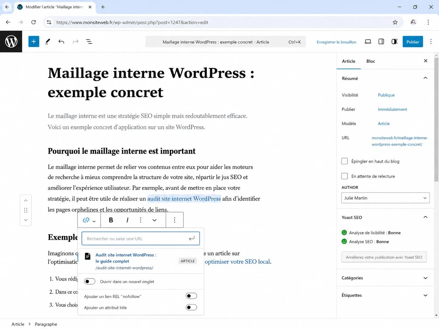 Exemple d’ajout d’un lien interne avec ancre optimisée dans l’éditeur WordPress