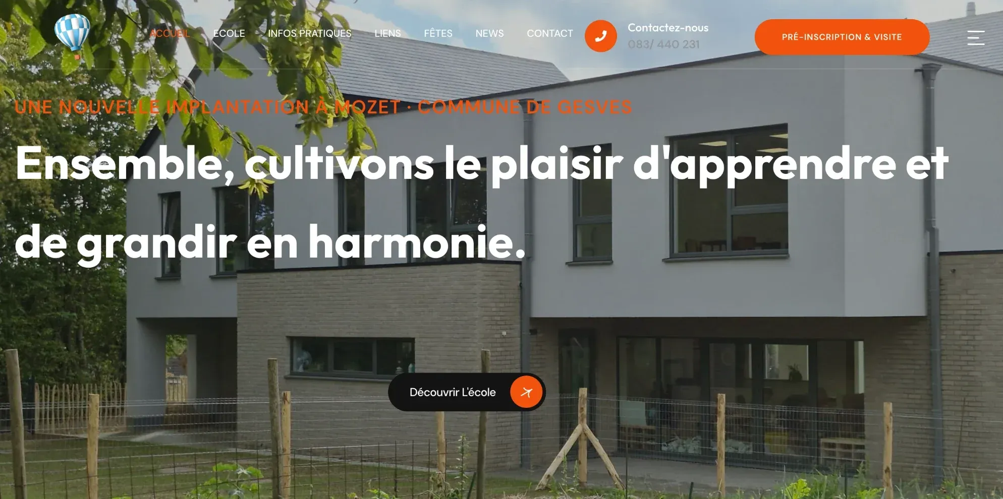 Le site de l’implantation de Mozet : accès direct à la pré-inscription, à la visite et au téléphone
