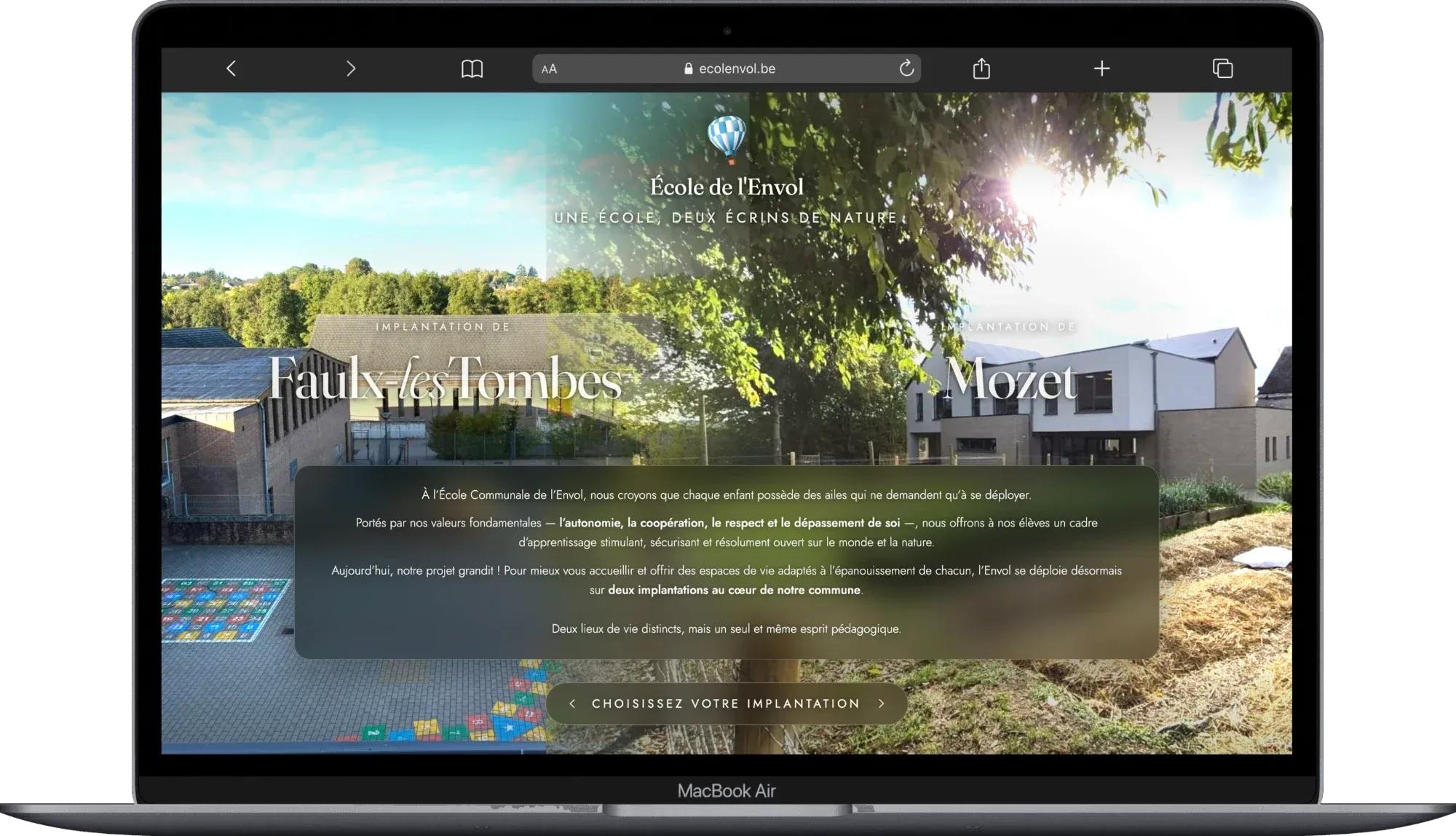 Page d’accueil du nouveau site de l’École de l’Envol : le visiteur choisit entre les implantations de Faulx-les-Tombes et de Mozet