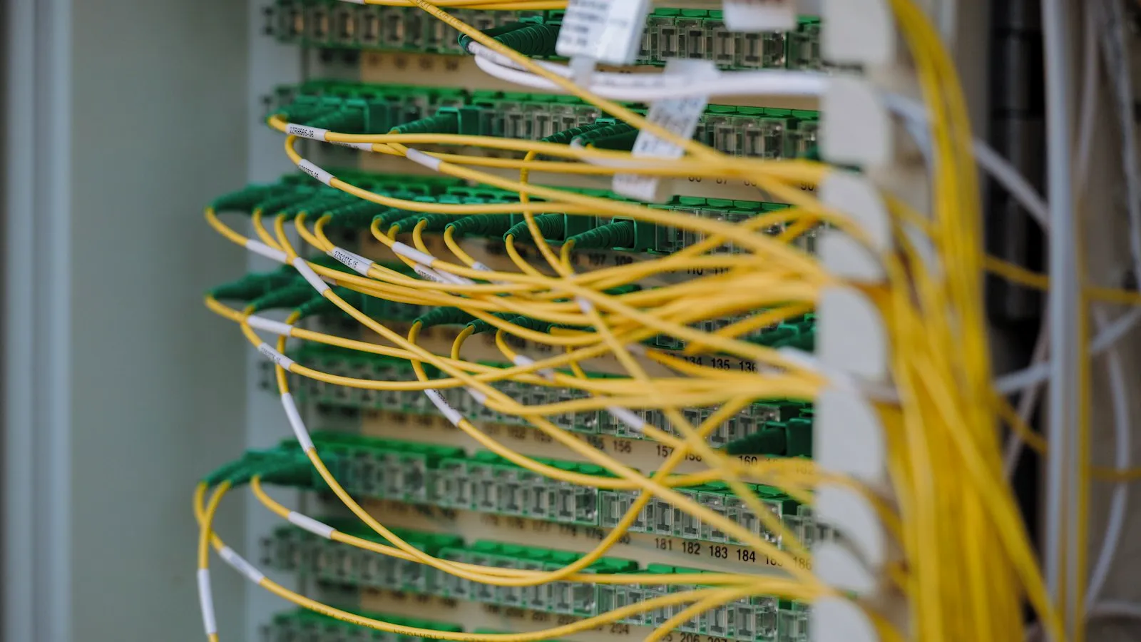 Câbles de fibre optique jaunes et verts raccordés à un panneau de brassage, dans un centre de données