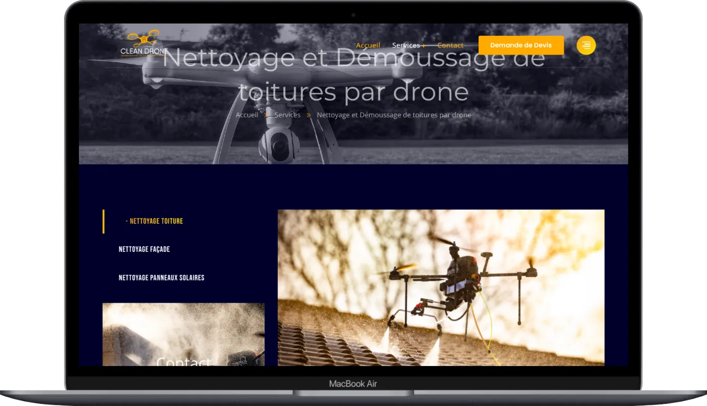 Les pages du site Clean Drone sur ordinateur portable