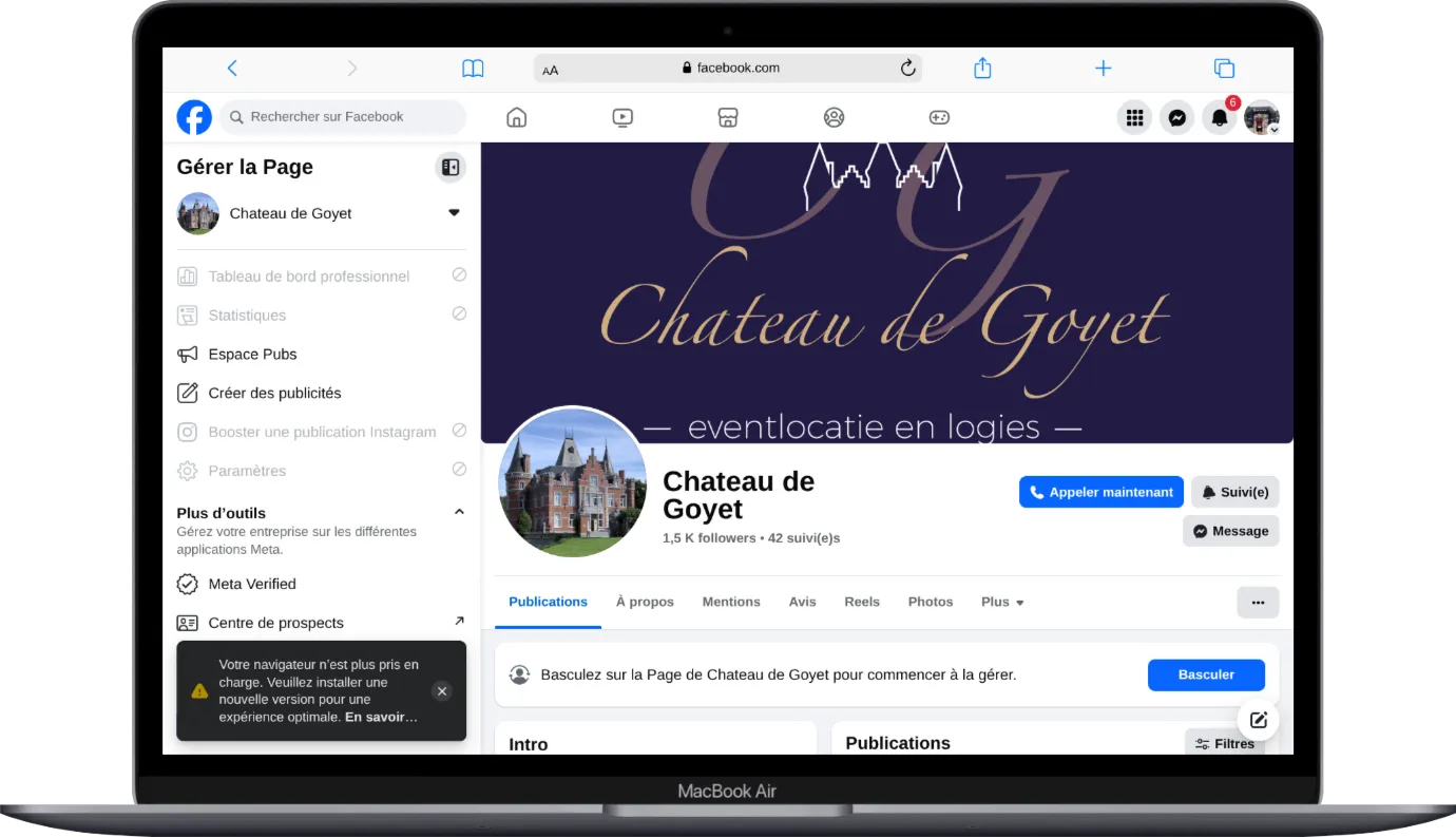 Page Facebook du Château de Goyet, lieu d’événements à Mozet