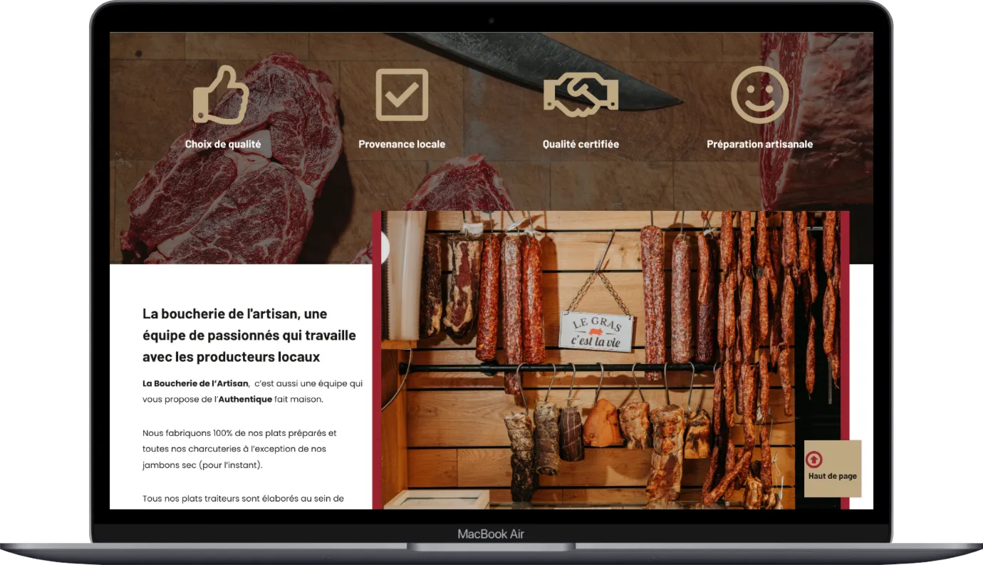Les pages du site de La Boucherie de l’Artisan sur ordinateur portable