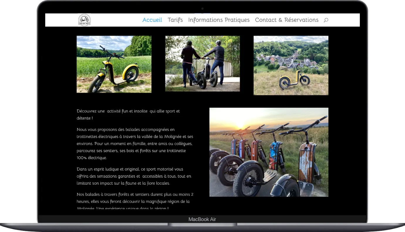 Les pages du site Tous en Trott sur ordinateur portable